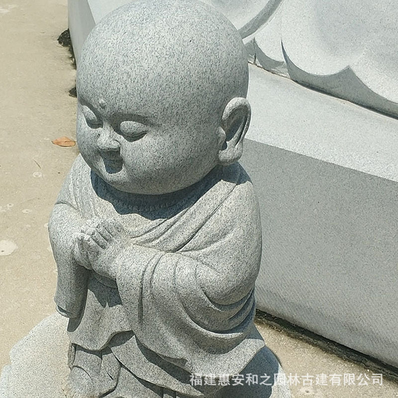 挑水砍柴石雕小沙弥摆件 庭院造景石雕摆设 花岗岩芝麻白童子像