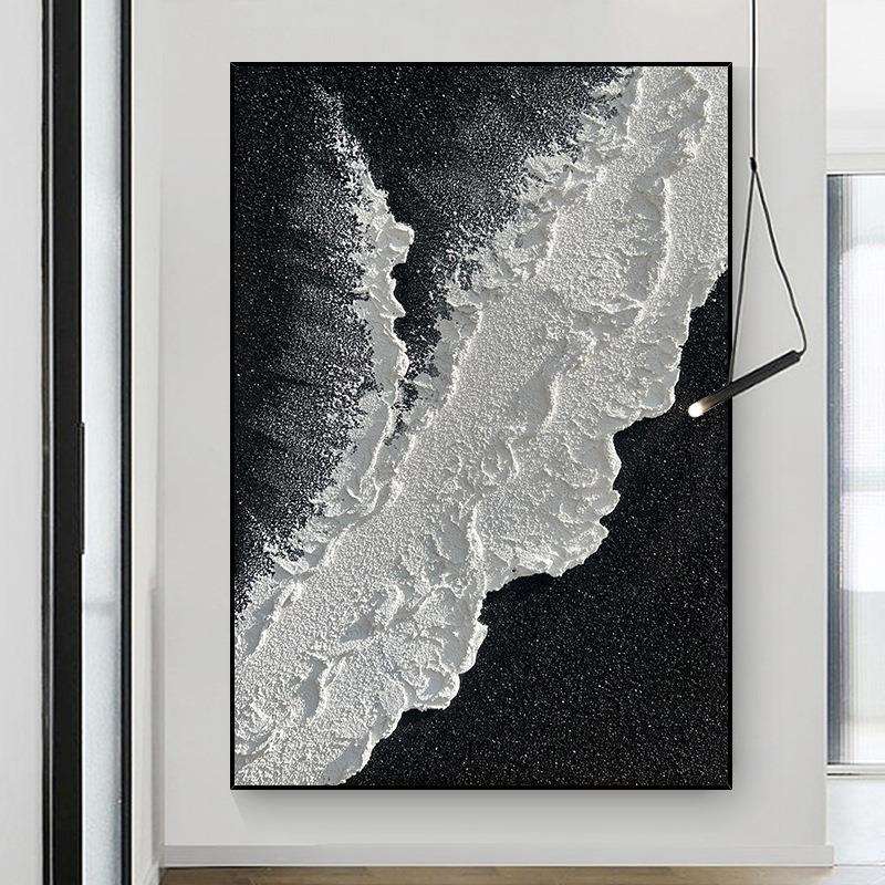 手绘油画黑白浪潮立体肌理抽象画走廊玄关挂画简约客厅落地装饰画