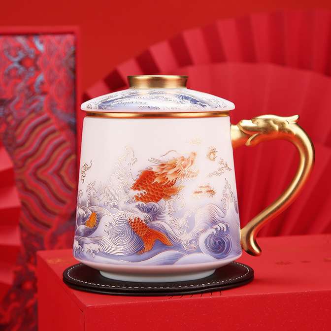 素烧羊脂玉办公杯茶杯带盖过滤个人杯茶水分离陶瓷杯高档瓷马克杯