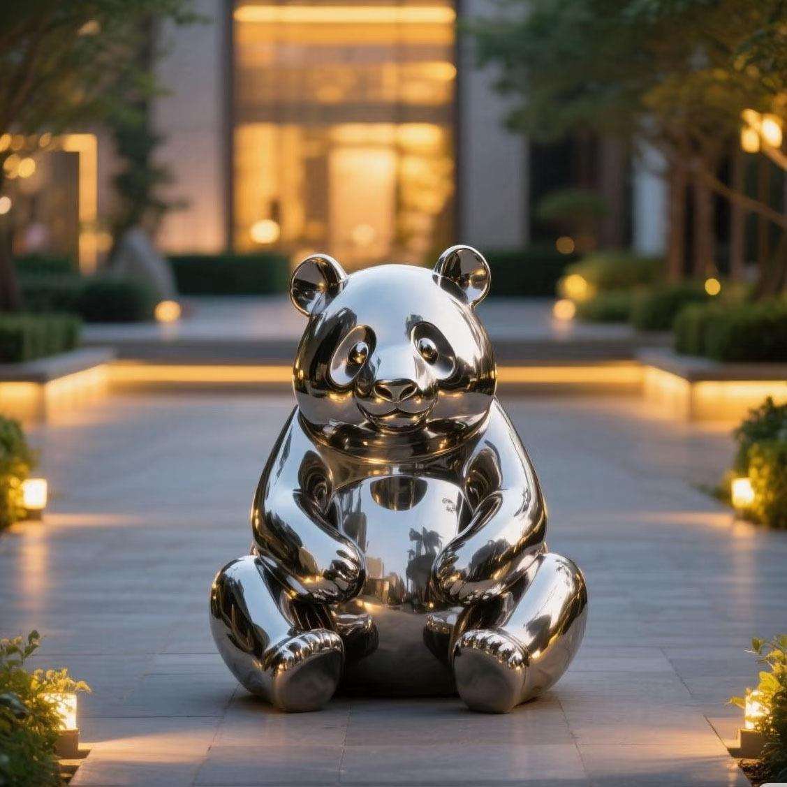 不锈钢熊猫雕塑镜面金属卡通动物户外景观商业街商场美陈摆件