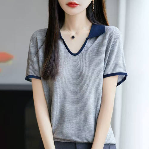 撞色V领短袖针织衫女夏薄