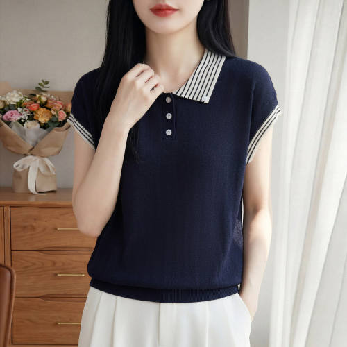 韩系POLO领针织短袖T恤女