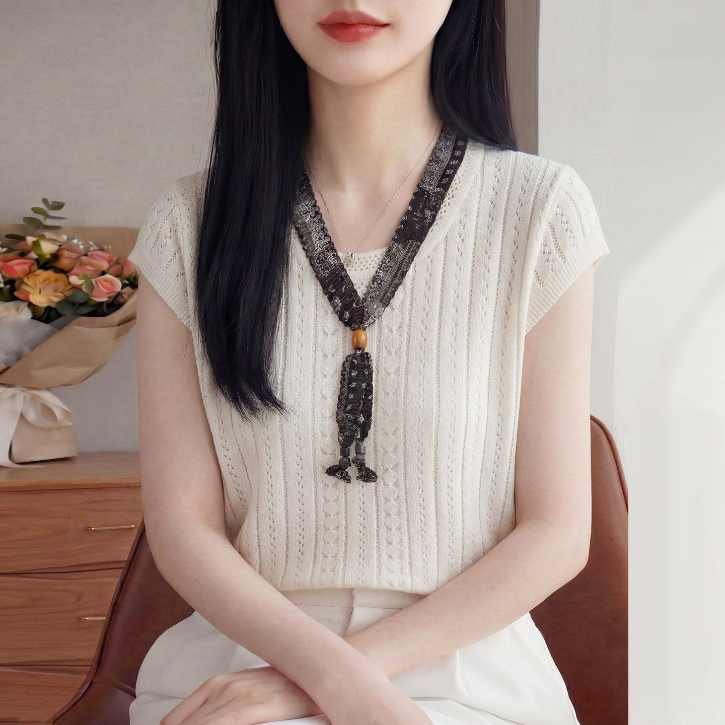 设计感小众韩系带领结时尚镂空针织衫女短袖t恤飘带装饰通勤上衣