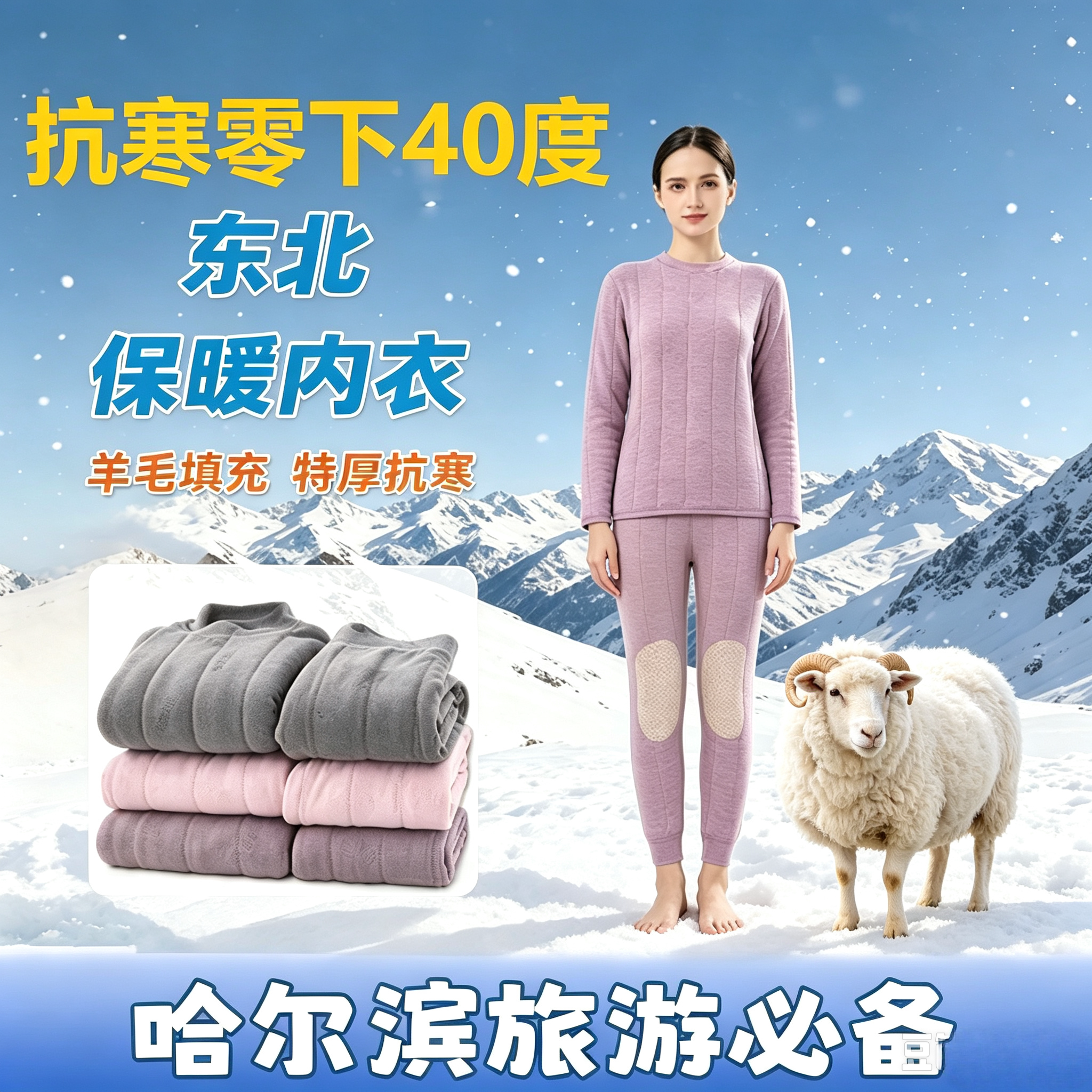 防寒保暖内衣纯羊毛填充套装女款