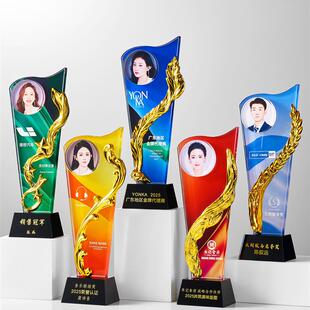 新款彩色炫彩刀片照片飘带水晶奖杯定制金属奖牌优秀员工年会颁奖