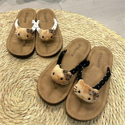 超软耐磨平跟甜美经典百搭波点凯蒂猫人字拖hellokitty夹趾拖鞋女
