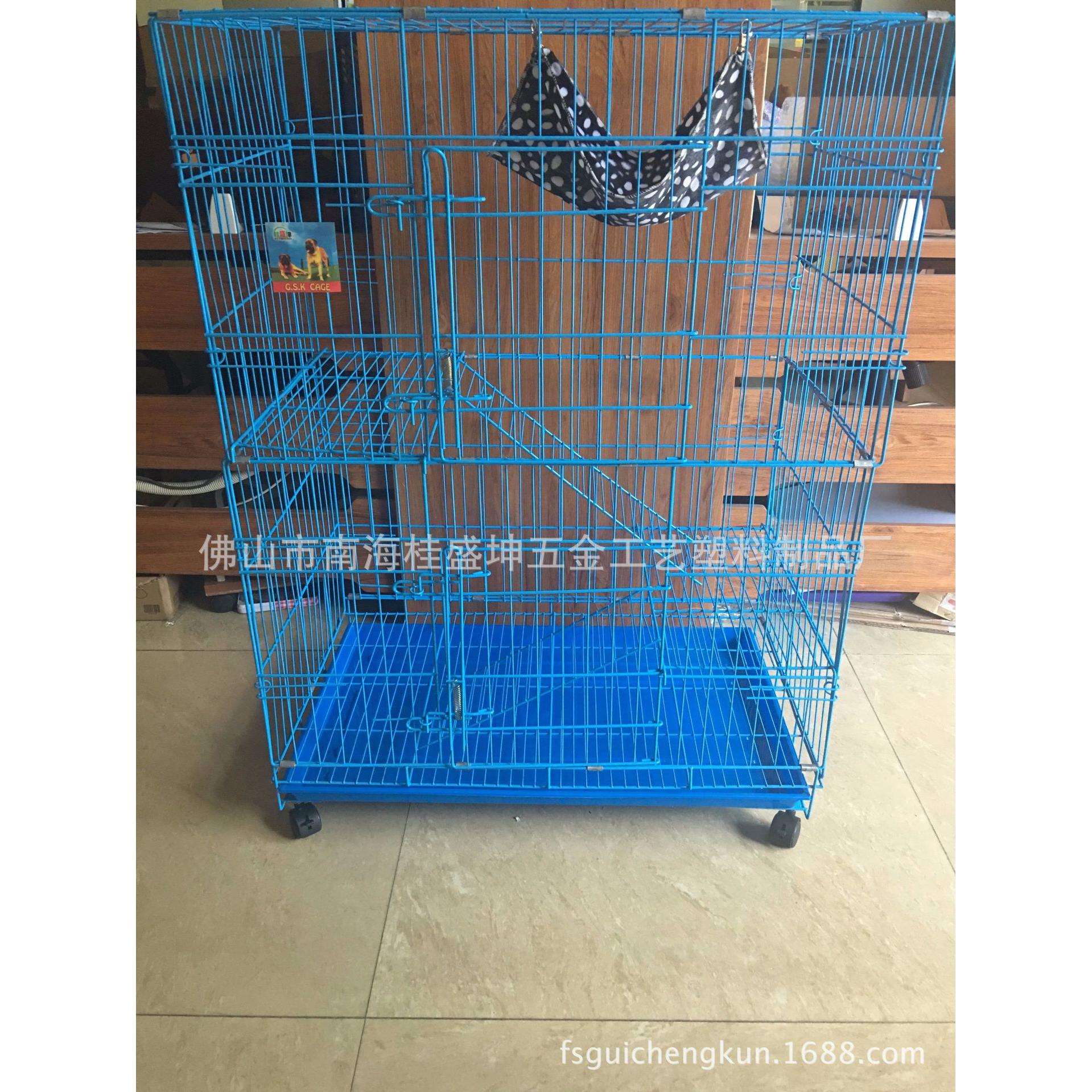 桂盛坤B1100折叠三层猫笼送猫床布塑料铁丝猫笼厚底盘带轮