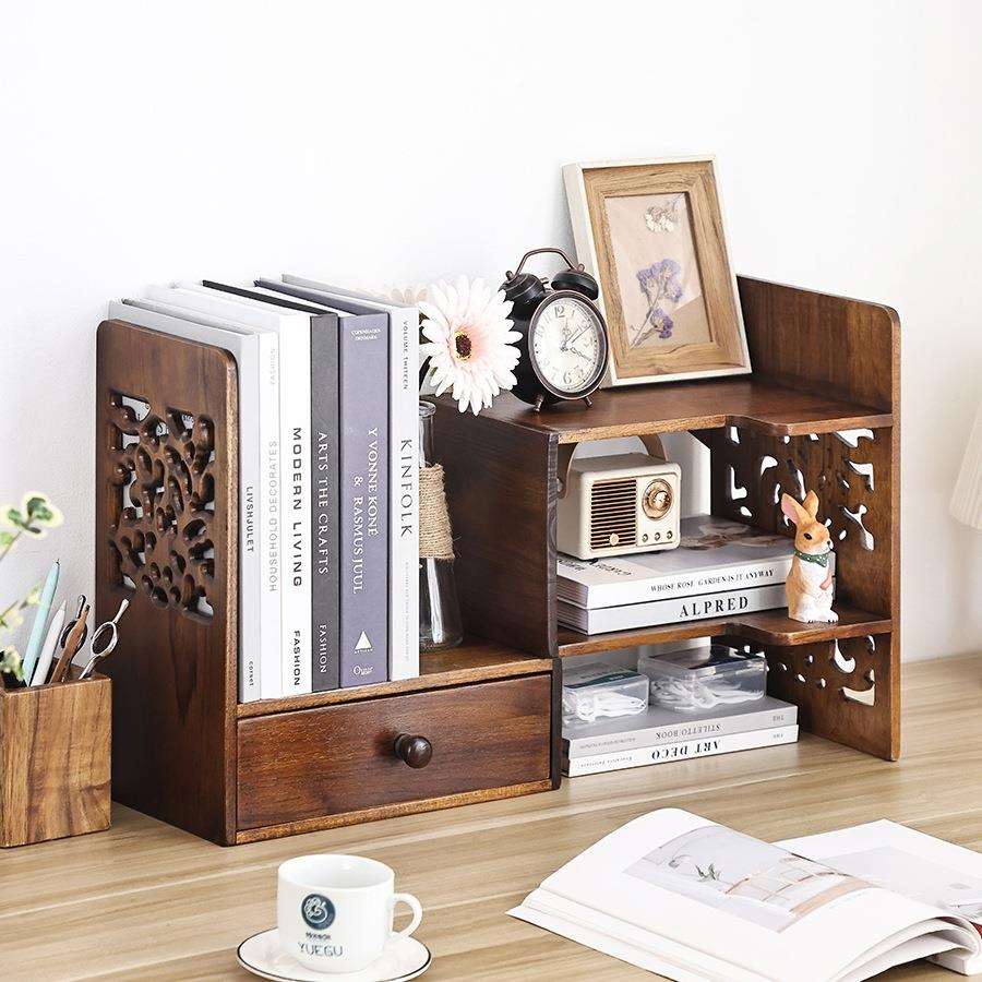 新中式复古实木架子简易小书柜桌面书架置物架收纳柜转角书J^