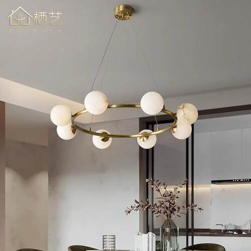 现代新中式客厅创意设计师样板间家用简约餐厅卧室云石全铜吊灯