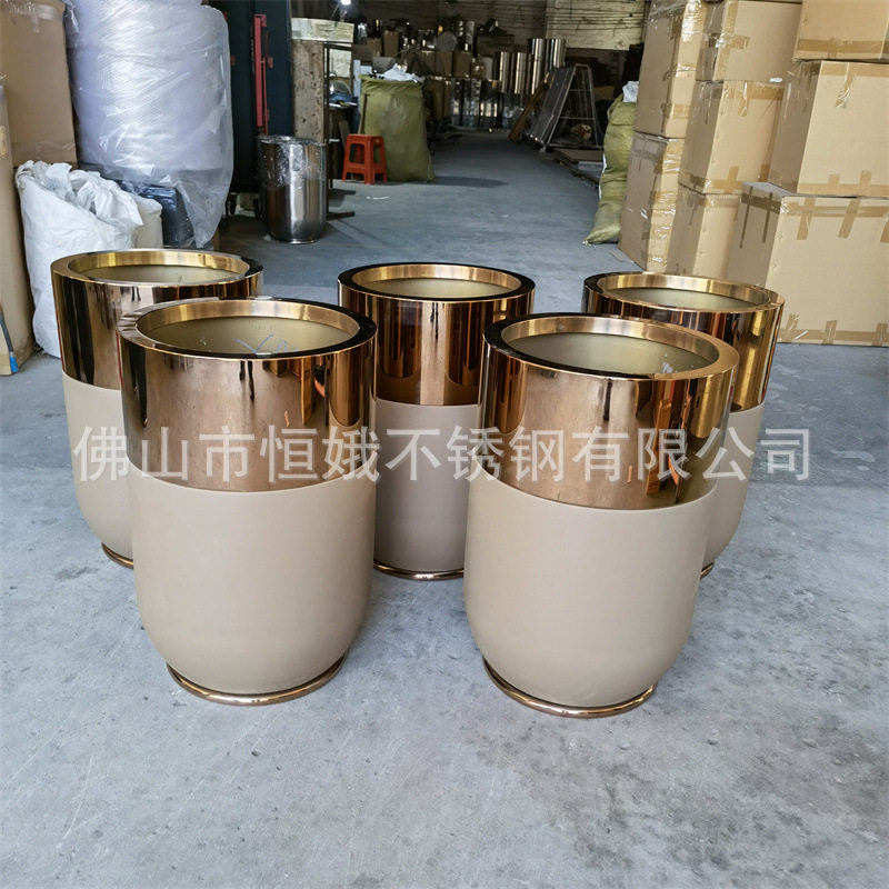 电镀金色圆形鼓形不锈钢花盆花钵花器欧美金色酒店花盆制作厂家