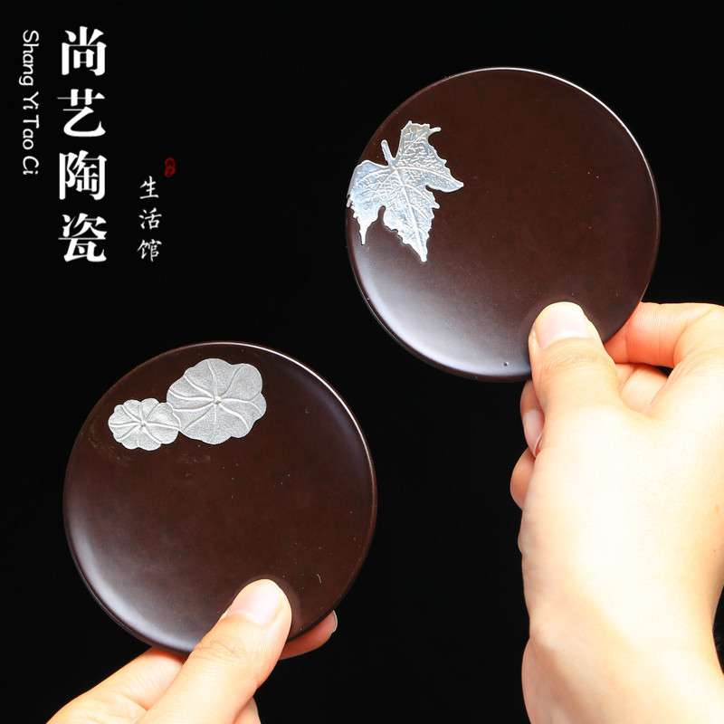 黑檀实木杯托组家用简约圆形镶锡杯垫6个日式茶具茶道配件隔热垫
