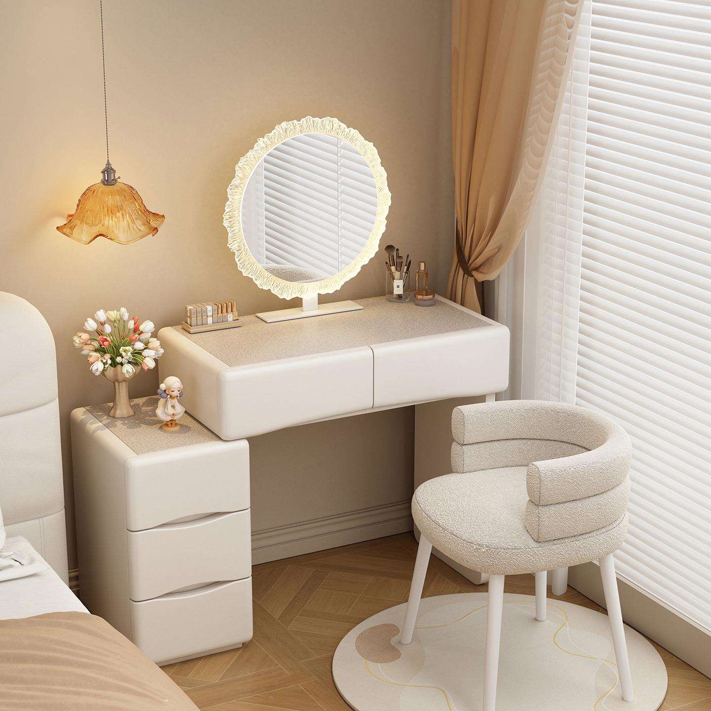 小户型实木梳妆台卧室奶油风60cm现代简约斗柜化妆桌收纳柜轻奢