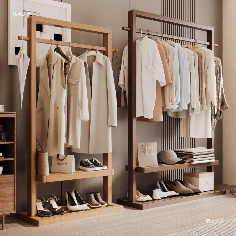 可移动挂衣架实木落地卧室新中式衣帽架客厅简约现代民宿置物衣架
