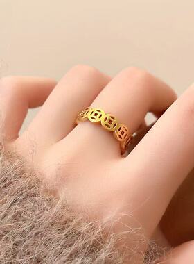 越南沙金戒指法式个性轻奢小众食指戒指女仿真黄金铜钱气质指环