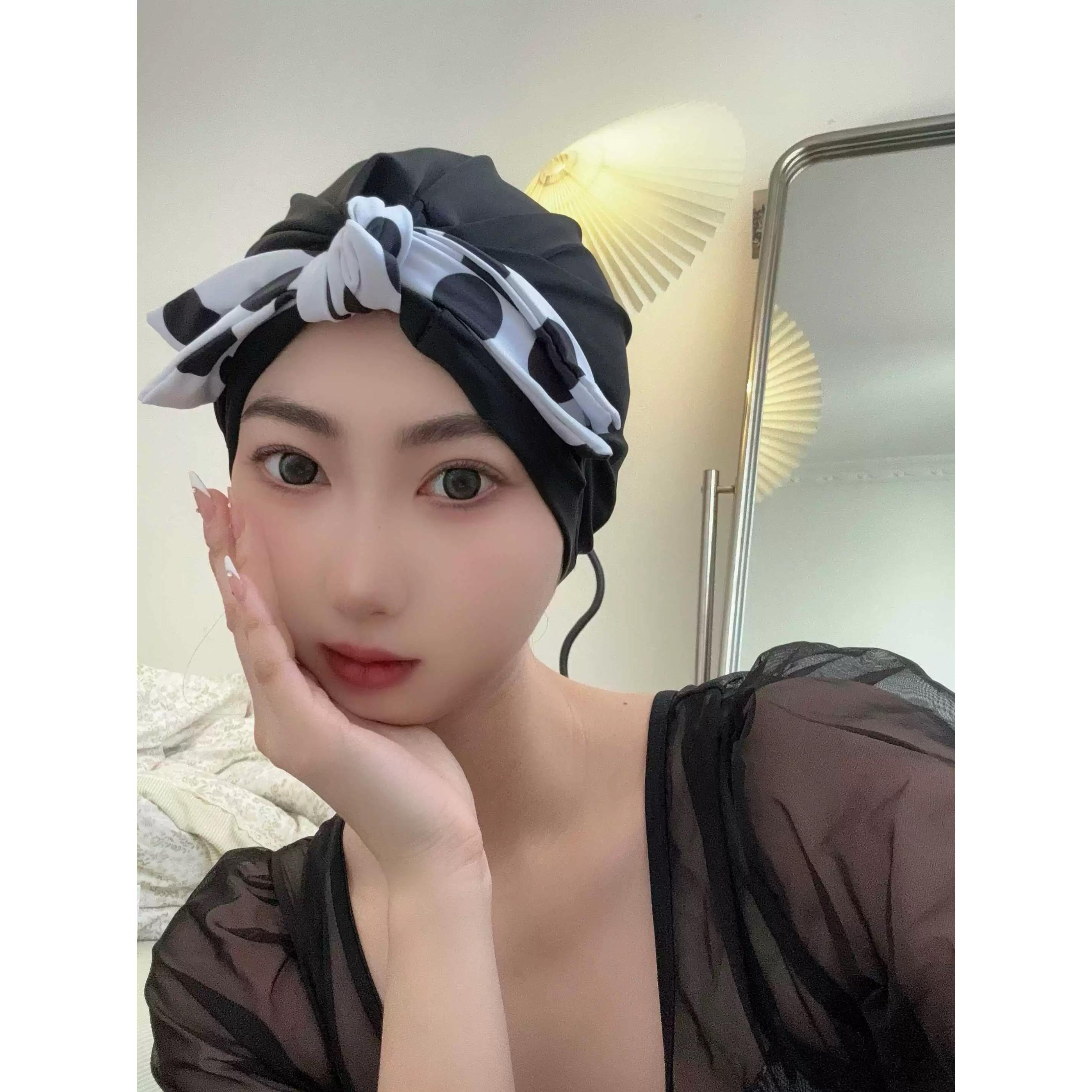 韩国2025泳帽女布料波点蝴蝶结时尚新款ins风时髦温泉海滩女泳帽