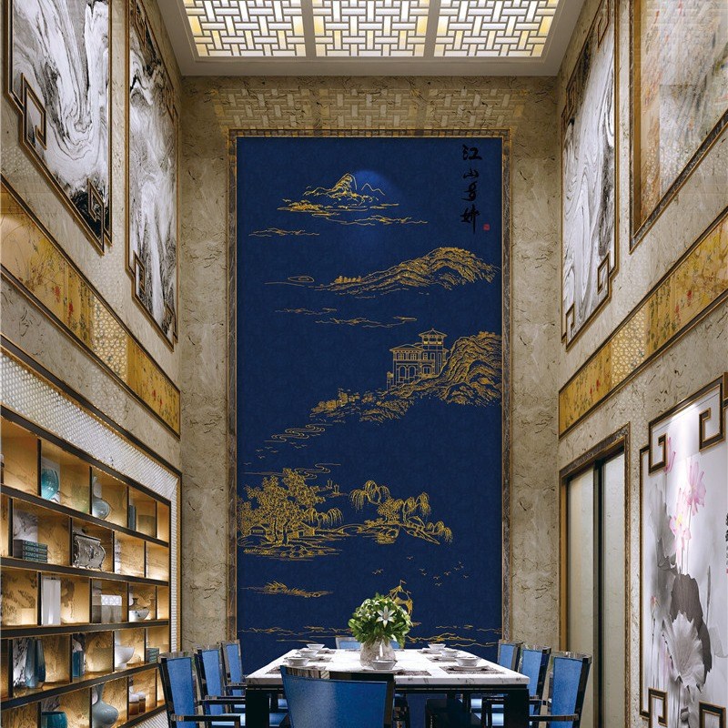 独绣背景墙布无缝刺绣沙发客厅电视背景壁布江山楼阁别墅高层玄关