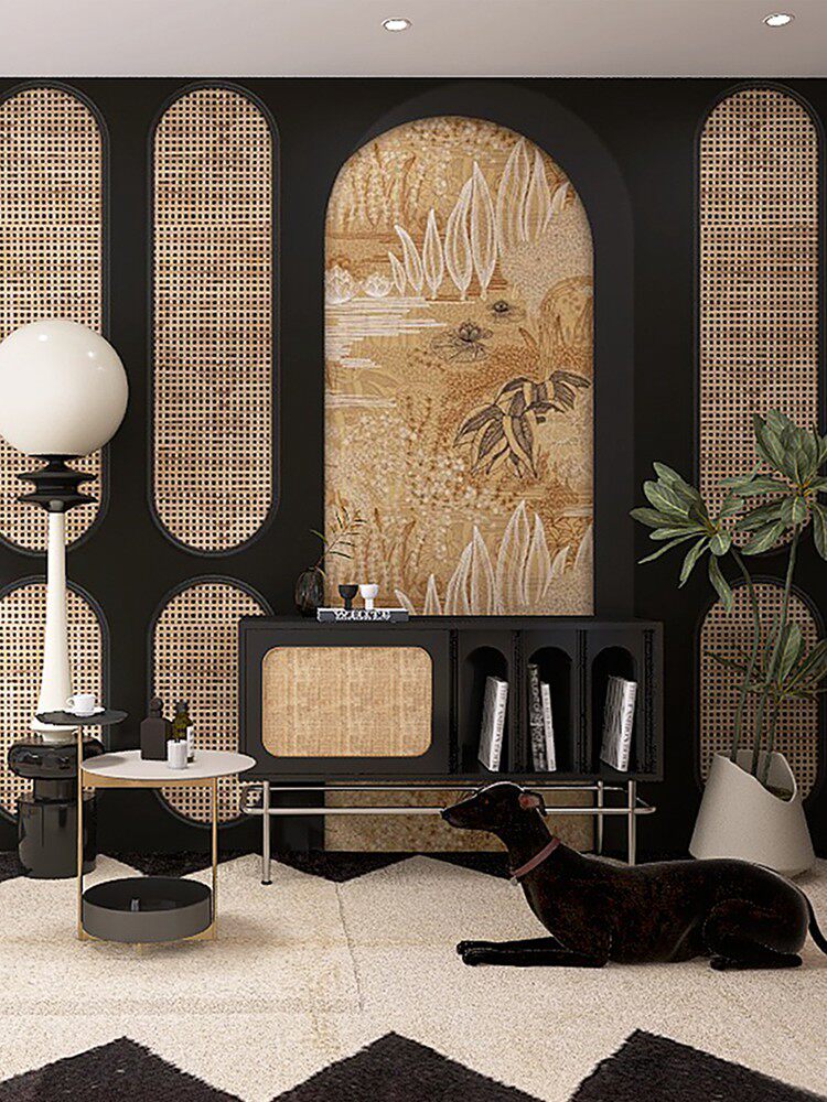 复古南洋风装修墙纸美式度假风酒店民宿壁纸法式石膏线条藤编墙布