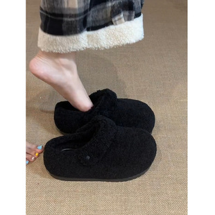 外穿防滑厚底增高保暖棉鞋 女款 黑色包头毛毛拖鞋 单鞋 怪美主义