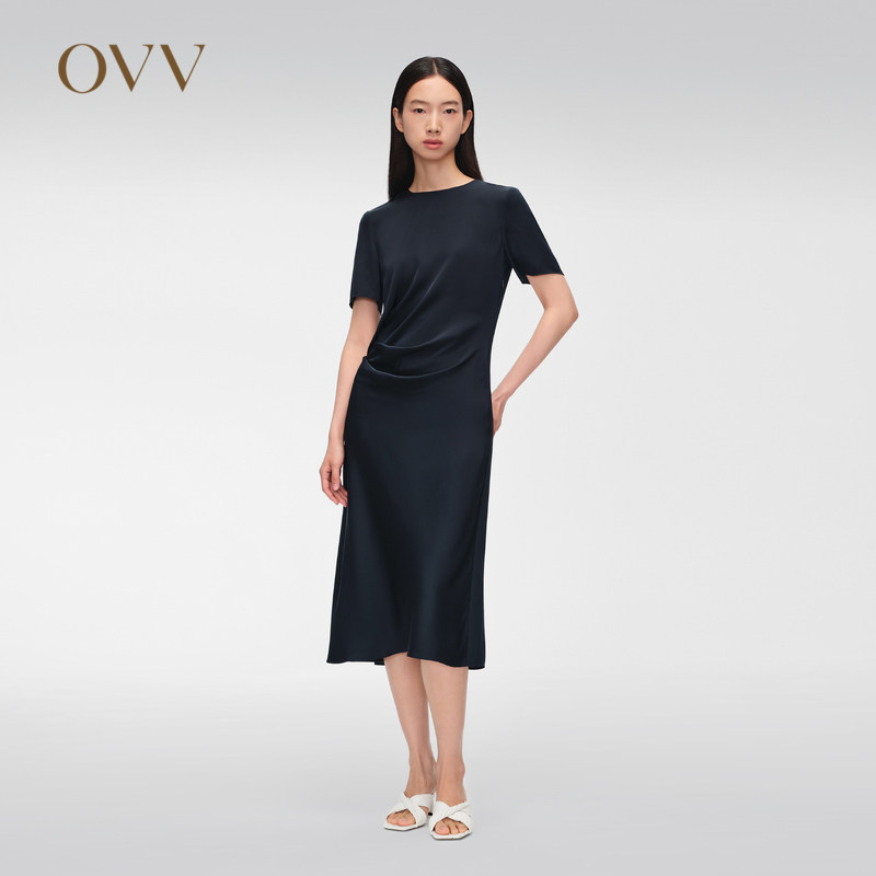 OVV春夏女装22MM弹力双乔桑蚕丝A字短袖连衣裙GQLBJ24010A