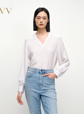 【重磅真丝】OVV春夏热卖女18MM双绉V领衬衫上衣GNSAJ15005A