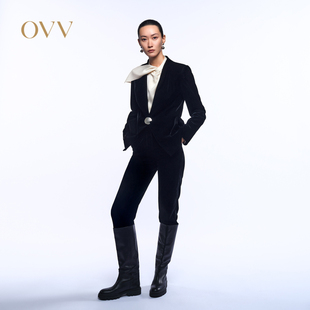 OVV秋冬新款 飾西服GTXEJ33102A 進(jìn)口絲絨無領(lǐng)可拆卸貝殼紐扣裝 女裝