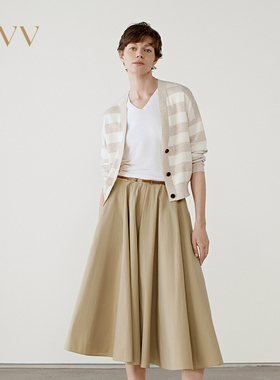 OVV春夏热卖女装V领宽条纹长绒棉长袖针织开衫GWZAJ15014A