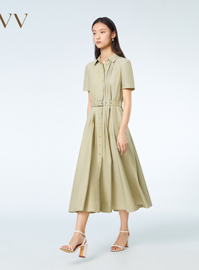 OVV春夏抽褶收腰衬衫式版型休闲A字伞裙短袖连衣裙GQLBJ23007A