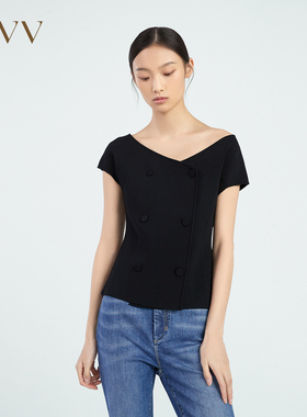 OVV春夏热卖女装优雅一字领收腰休闲通勤短袖针织衫GNZBJ13013A
