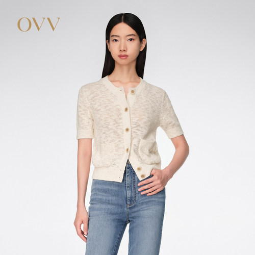 OVV春夏女装经典圆领立体花纱短袖针织开衫GNZBJ14013A