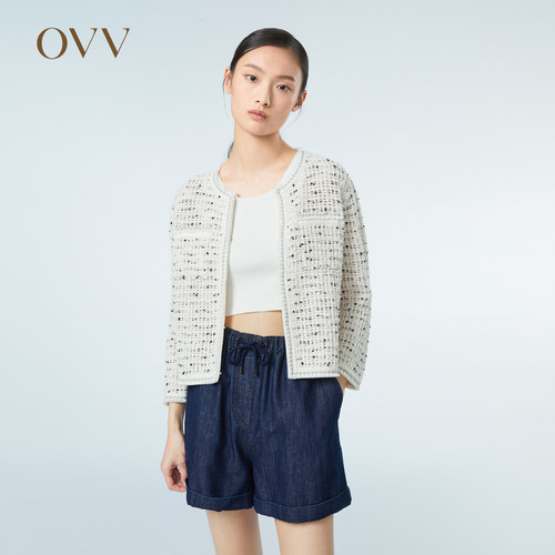 OVV春夏热卖女装棉麻花纱粗花呢七分袖休闲针织外套GWZAJ13006A