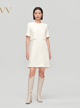 OVV秋冬女装针织羊毛珠片点缀中长款直筒短袖连衣裙GQLBJ33102A