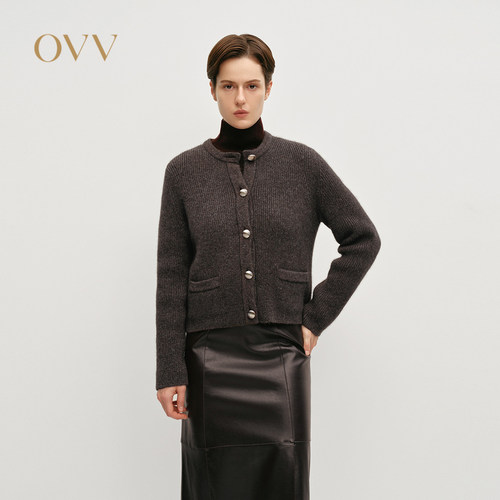 OVV秋冬女装经典圆领单排扣羊毛混纺舒适针织外套GWZAJ34106A