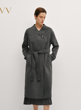 OVV秋冬女装简约舒适无领随附腰带羊毛双面呢大衣GWDAJ44108A