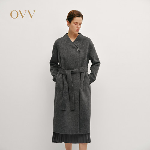 OVV秋冬女装简约舒适无领随附腰带羊毛双面呢大衣GWDAJ44108A