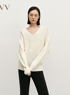 OVV秋冬女装时尚简约V领无缝工艺羊毛长袖针织衫GNZAJ34109A