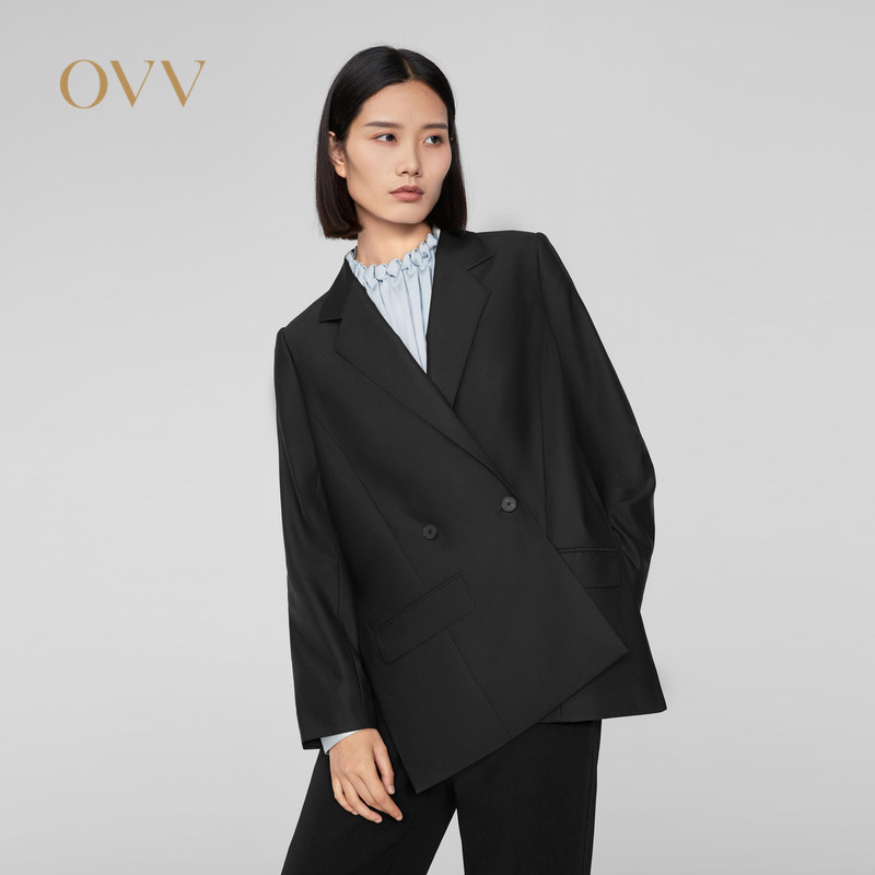 OVV秋冬女装双排扣平驳领侧缝开衩优雅单件西服外套GWXAJ33109A