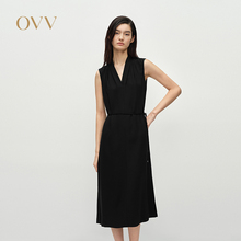 OVV2025春夏新款女装醋酸V领中款连衣裙经典小黑裙GQLWJ25009A