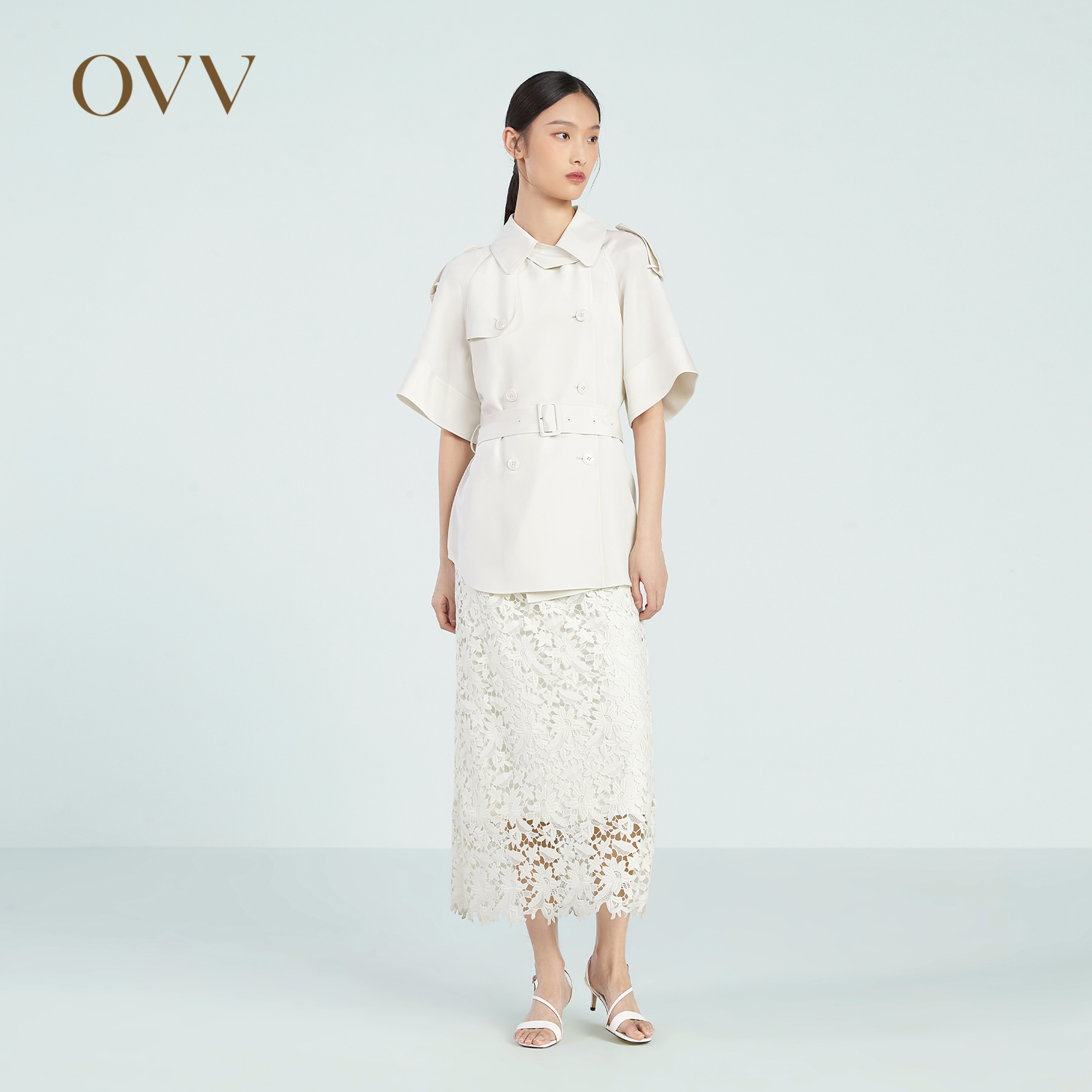 【爱情而已同款】OVV 春夏新款女22MM弹力重绉短袖风衣外套