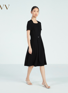OVV春夏女装十字纹醋酸复古优雅方领小黑裙短袖连衣裙GQLBJ23002A