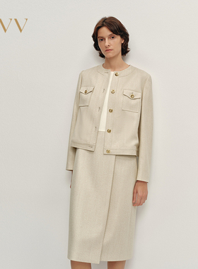 OVV2025秋冬新款粗花呢圆领金扣贴袋直筒休闲夹克外套GTABJ35104A