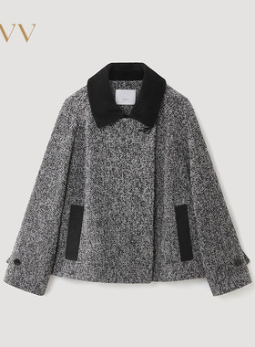 OVV2026秋冬新款女装经典撞色灯芯绒领粗花呢短大衣GWDAJ46122A