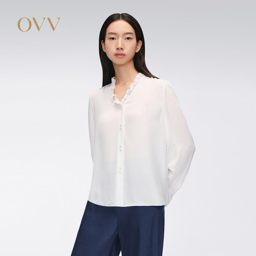 【重磅真丝】OVV春夏女装22MM双乔V领长袖休闲衬衫GNEAJ14008A