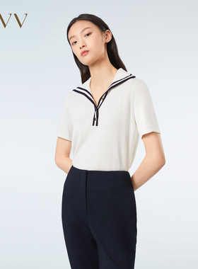 OVV春夏热卖女装丝棉混纺休闲半开襟海军风短袖针织衫GNZBJ13006A