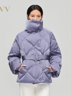 OVV秋冬女装光泽感缎面菱形格高领白鹅绒直筒羽绒服GWRAJ43112A