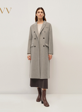 OVV2025秋冬新款羊毛混纺戗驳领复古双排扣长大衣GWDAJ45129A