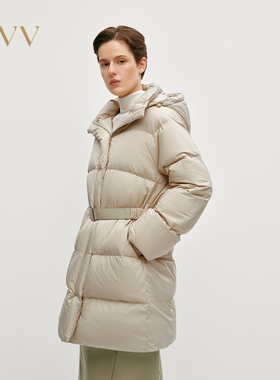 OVV秋冬女大横格绗线高领可拆卸连帽羽绒服外套GWRAJ44114A