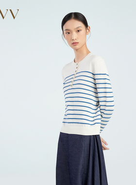 OVV春夏热卖女装海军风条纹半开襟长袖针织衫GNZAJ13002A