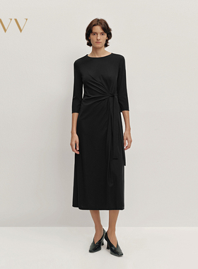 OVV2025秋冬新款圆领直筒随附腰带七分袖连衣裙GQLCJ35103A