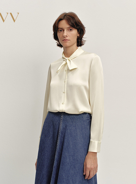 OVV2025秋冬新款优雅飘带20MM缎面绉真丝长袖休闲衬衫GNEAJ35104A
