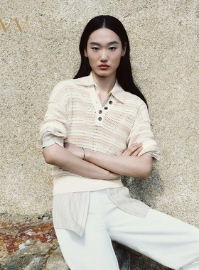 OVV春夏棉质镂空网洞结构横条纹设计短袖针织衫GNZBJ25016A
